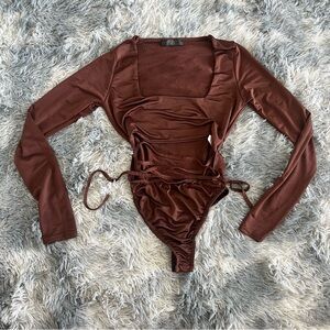 Missguided Chocolate Brown Going Out Long Sleeve Cut Out Tie Bodysuit- Size US 8